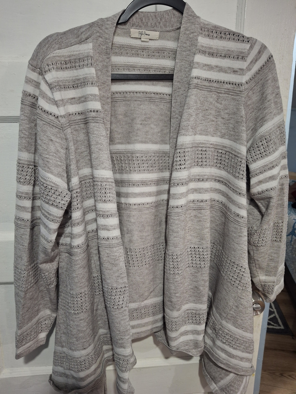Petite Sophisticate Cream & Gray Open-Front Striped Knit Cardigan